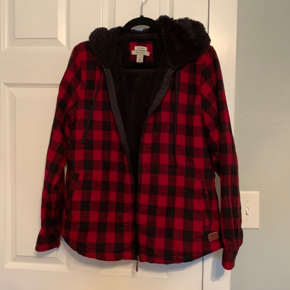 L.L. Bean Scotch Plaid Flannel Shirt, Sherpa lined zip hoodie.